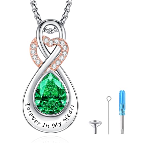 Infinity Urn Necklace for Ashes Sterling Silver Heart Moonstone Turquoise Birthstone Keepsake Memorial Cremation Jewelry for Women - style: Infinity A-05-May.-Emerald