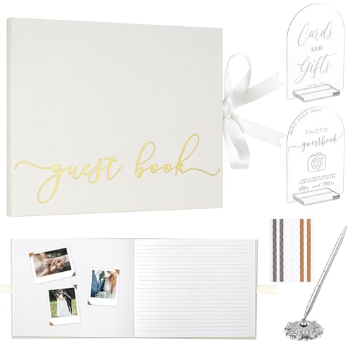 Engrowtic Linen Classic Beige Wedding Guest Book Set with Acrylic Sign, Photo Corners & Pen, Hardcover 50 Pages Guestbook for Wedding Reception, Bridal Shower Keepsake Album - color: Classic Beige