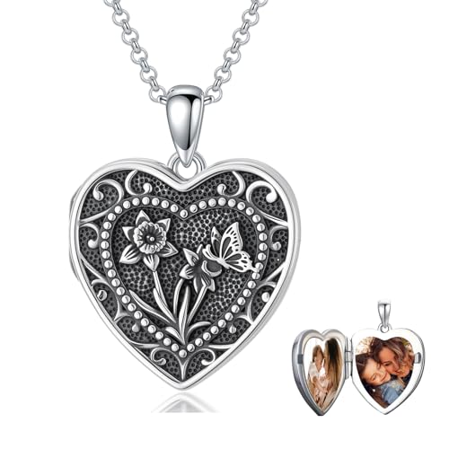 PELOVNY Birth Flower Locket Necklace for Women 925 Sterling Silver Flower Butterfly Heart Photo Locket Pendant Birthday Christmas Jewelry Gifts for Mom Daughter Wife Sister - color: 03-Daffodils