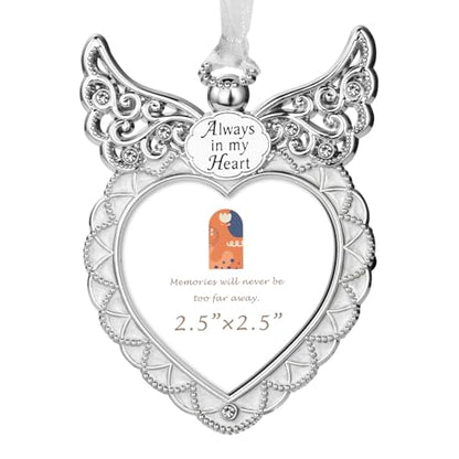Angel Wing Heart Hanging Picture Frame 2.5x2.5 Memorial Metal Photo Ornament “Always in My Heart” Keepsake (Silver)