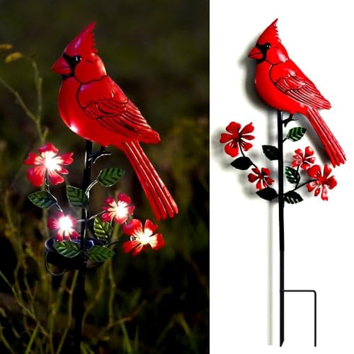 Cardinal Decor Garden Stake,Solar Metal Red Cardinal, Cardinal Bird Figurine Lights with Powered LED Garden Outdoor Decor for Balcony, Yard, Lawn, Pathway, Walkway - color: red