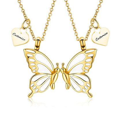 constantlife 2 Pack Butterfly Urn Necklaces for Ashes for Women Girls Stainless Steel Pendants Cremation Keepsake Jewelry Mother Daughter Sister Friendship Memorial Gifts - color: Customize-B