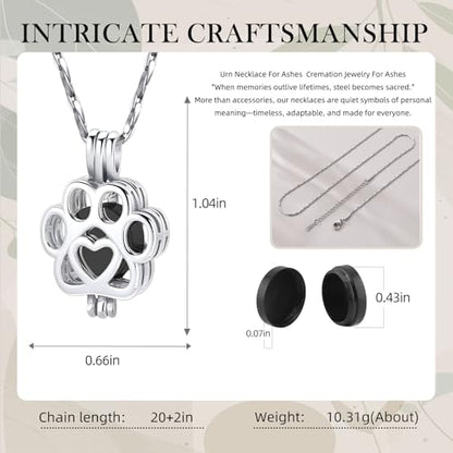 Paw Print Urn Necklace for Pet Ashes Stainless Steel Memorial Locket Cremation Jewelry Dog/Cat Keepsake Pendant with Mini Case Sympathy Gift for Pet Lovers Women Men - color: Silver-Black