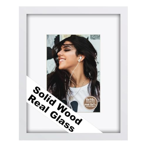 RPJC 8x10 Solid Wood Picture Frame Real Glass Cover White - color: White, size: 8x10 mat 5x7