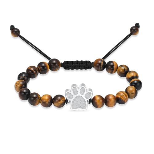 constantlife Cremation Bracelet for Pets Ashes - Dog Paw Pendant Bangle Stainless Steel Memorial Urn Jewelry - color: Tiger Stone-Silver