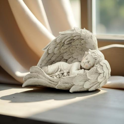 Sleeping Angel Figurine in Wings, Resin Guardian Angel Decor, 7.87 Inch | Hand-painted resin guardian angel with sculpted wings for shelves, bedside tables and comforting gifts for women