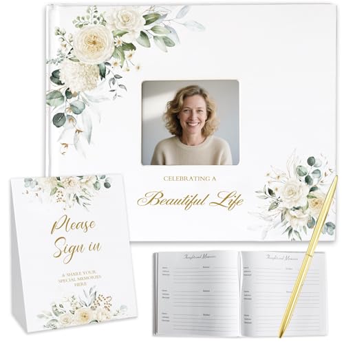 Funeral Guest Book for Memorial Service with Gold Pen and Table Sign Card