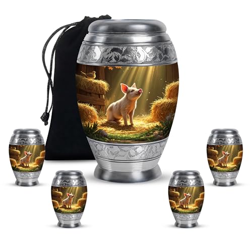 Pig Cremation Urns for Human Ashes Men Remains | Brown Funeral Urns For Human Ashes Adult Women - Sunrays Large Urn For Mom And Dad Remains 10 Inch With 4 Keepsake Set - color: Pig-4, size: Combo-3