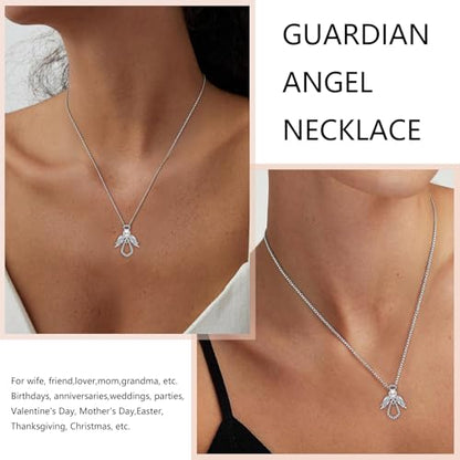 925 Sterling Silver Guardian Angel Pendant Necklace for Women with Birthstone Cubic Zirconia Little Angel Pendant Necklace Jewelry 18 inch Chain - color: 14-pearl-silver