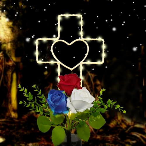 Lmtocs Solar Memorial Day Decorations Cross Lights for Cemetery Grave, Waterproof Patriotic Light with Red White and Blue Roses for 4th of July Independence Day Christmas and 250th Anniversary Decor - color: Heart-Rose-Red White Blue