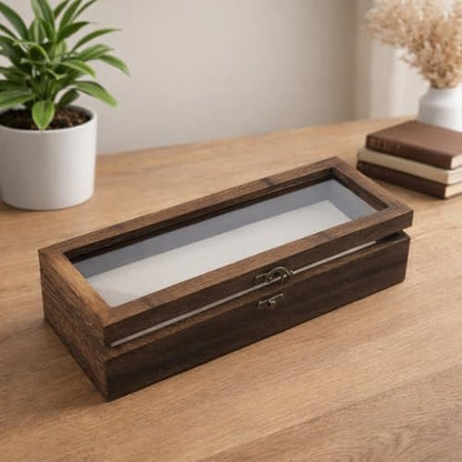 Shadow Box 5" x 12.5", Solid Wood Box Frame with Linen Background and 10 Solid Wood Pins, 2 Hanging Designs, Memory Display Case for Wedding Bouquet Memorabilia Medals Photos Keepsakes, Dried Flowers
