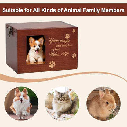 Pet Memorial Urns for Dog or Cat Ashes, Large Wooden Funeral Cremation Urns with Photo Frame, Keepsake Memory Box with Flannel Lining (Brown)