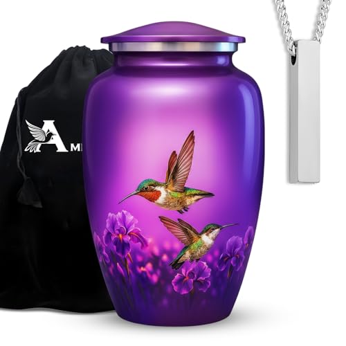Set of 2 Hummingbird Decorative Funeral Urns for Ashes Adult Male & Female Includes 1 Large Urn with 1 Silver Necklace (Hummingbird, Urns) - color: Hummingbird