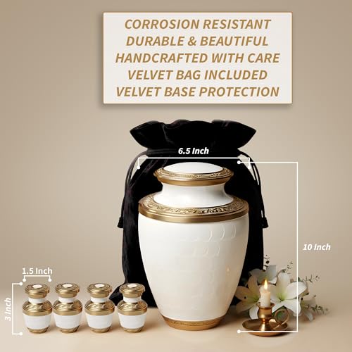 Family Tribute Eco-Friendly White & Gold Cremation Urn for Ashes Set – Large Adult Funeral Urn (220lbs) with 4 Small Urns & 1 Memorial Necklaces (White & Gold Premium URN Set, URN Set) - color: White & Gold Premium Urn Set
