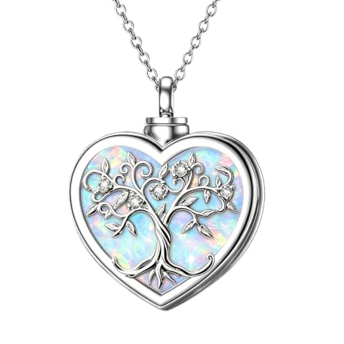 Diamond Tree of Life Urn Necklace for Ashes 925 Sterling Silver Family Tree of Life Cremation with Funnel Filler Ash Holder Keepsake Memorial Jewelry Gifts for Women,18+2 inch - style: Style 4-Opal