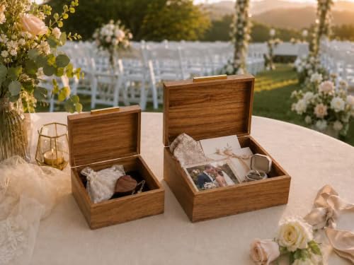 Acacia Wood Keepsake Box with Magnetic Lid, Set of 2 Large and Small Memory Storage Boxes for Jewelry, Photos, Crafts