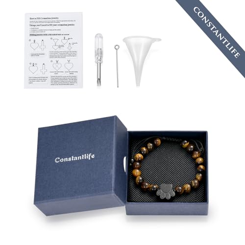 constantlife Cremation Bracelet for Ashes Stainless Steel Paw Print Urn Jewelry Braided Rope Adjustable Bangle Keepsake Pet Dog Cat Ash Holder Memorial Gift for Women Men - color: Tiger Stone-Black