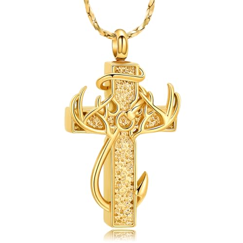 Imrsanl Cross Urn Necklace for Ashes for Women Men | Cremation Jewelry, Fish Hook Deer Antler Design Memorial Pendant, Human Pets Ashes Holder Keepsake - color: Gold