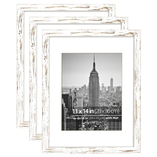 11 x 14 inch or 8 x 10 with Mat Picture Frame Set, Wall Mount Vertically or Horizontally, Plexi Glass Acid Free Mat, Rustic White Cream Wood Grain Profile, 3 Pack - color: Rustic White, size: 11 x 14 in 3pk