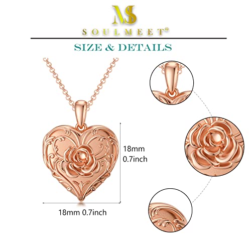 SOULMEET Sunflower/Rose/Daisy Heart Locket Necklace That Holds Pictures Keep Someone Near to You Sterling Silver/Gold Personalized Photo Locket Gift - style: A3-Rose gold rose locket+photo+text