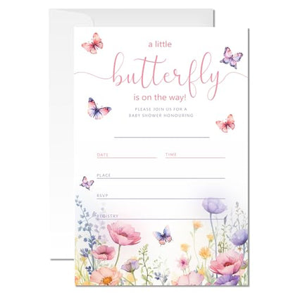 20 Butterfly Baby Shower Invitations, for Girls (054) | Purple Pink Butterflies and Flowers Theme Invite Cards with Envelopes, 4x6 Inch Baby Shower Invites