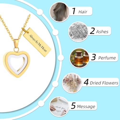 Glass Heart Cremation Urn Necklace for Ashes Stainless Steel Memorial Ash Pendant Keepsake Jewelry Cremation Jewelry for Women - color: Gold-Always In My Heart