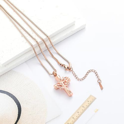 XSMZB Tree of Life Cross Cremation Jewelry for Ashes Human Pet Memorial Ashes Necklace Butterfly Cross Keepsake Pendant for Women - color: Rose Gold