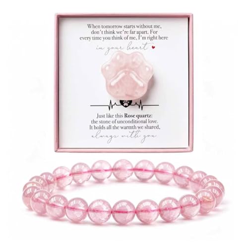 LINGYUAN Natrual Rose Quartz Paw Print and Bracelet, Unique Handmade Memorial Gift for Loss of Dog Cat - color: Rose Quartz Memorial Gift Set