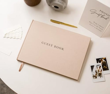 Real Linen Guest Book Set - 11.5 x 8.5 Embossed Guestbook for Weddings, Showers, Events, Blank & Lined, Comes with Sign, Pen, Box and Photo Sleeves, 120 Pages (Oatmeal) - color: Oatmeal