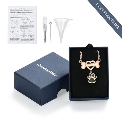 constantlife Paw Print & Bone Pendant Urn Necklace for Pet Ashes | Mini cremation jewelry, stainless steel material, for women men dog lovers, waterproof, with a filling tool kit - color: Rose gold