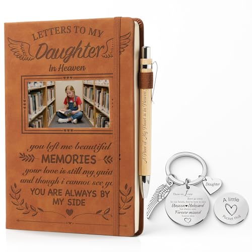 Letter to My Daughter in Heaven Leather Grief Journal Sympathy Gifts for The Loss Of Daughter, A5 Notebook and Angel Keychain, Memorial Travel Photo Journal With Pen - color: Daughter
