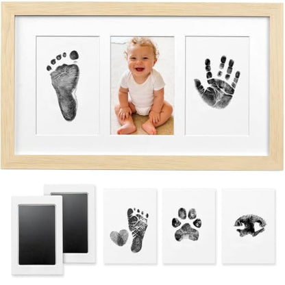 Baby Hand and Footprint Kit,Inkless Baby Handprint Kit with 2 Safe Clean-Touch Ink Pads and a Wooden Baby Picture Frames for Newborn,Baby Gifts-Ash Wood - color: Oak