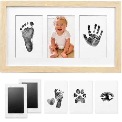 Baby Hand and Footprint Kit,Inkless Baby Handprint Kit with 2 Safe Clean-Touch Ink Pads and a Wooden Baby Picture Frames for Newborn,Baby Gifts-Ash Wood - color: Oak
