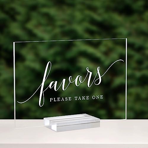 Acrylic Favors Sign for Wedding- 5x 7 Inch Glass Look Clear Favor Sign with Acrylic Stand, Cursive Font Wedding Signage for Reception & Party Event - size: 5" x 7" Favors Sign