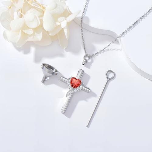 TOUPOP Cross Urn Necklaces for Ashes Birthstone Cremation Jewelry 925 Sterling Silver Cross Memorial Keepsake Funeral Jewelry for Women (with Funnel Filler) - color: 07-July-Ruby