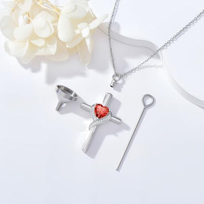 TOUPOP Cross Urn Necklaces for Ashes Birthstone Cremation Jewelry 925 Sterling Silver Cross Memorial Keepsake Funeral Jewelry for Women (with Funnel Filler) - color: 07-July-Ruby