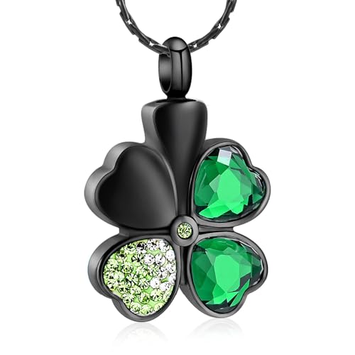 constantlife Cremation Jewelry Memorial Urn Necklace for Ashes Lucky Four-Leaf Clover Design Stainless Steel Pendant Keepsake - color: Black