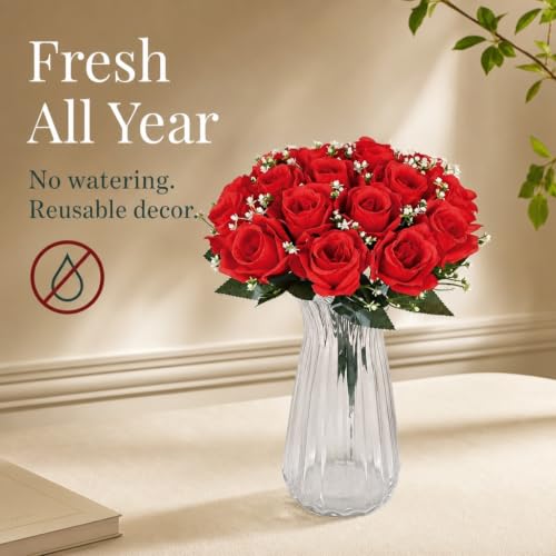 41cm Artificial Silk Red Rose Bush with Gyp & Foliage 24 Flower Heads- Wedding Grave Home Decoration (Red, 1 Bunch) - color: Red