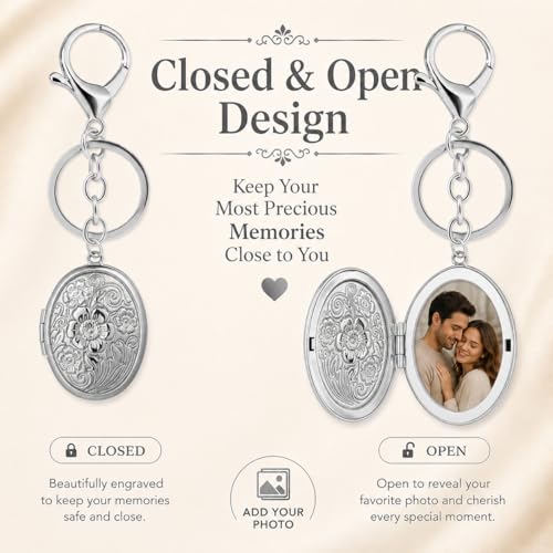Photo Keychain for Women Silver Oval Locket Bag Charm Picture Holder Purse Accessory Memory Gift for Mom Wife
