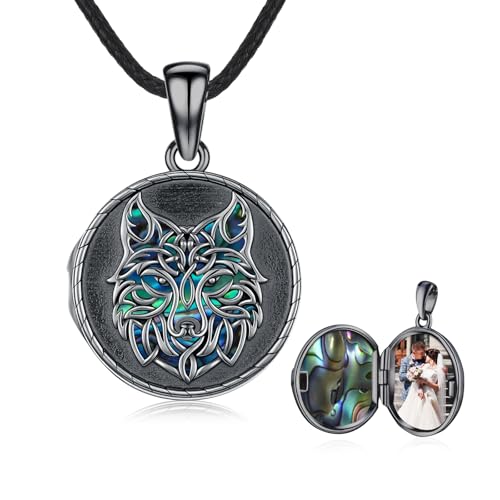 MEDWISE 925 Sterling Silver Locket Necklace That Holds Pictures Photo Necklace Oxidized Rose Flower/Sunflower/Compass/Celtic Heart Pendnat Lockets Gifts for Women Birthday Christmas Gifts - style: I-Custom Wolf
