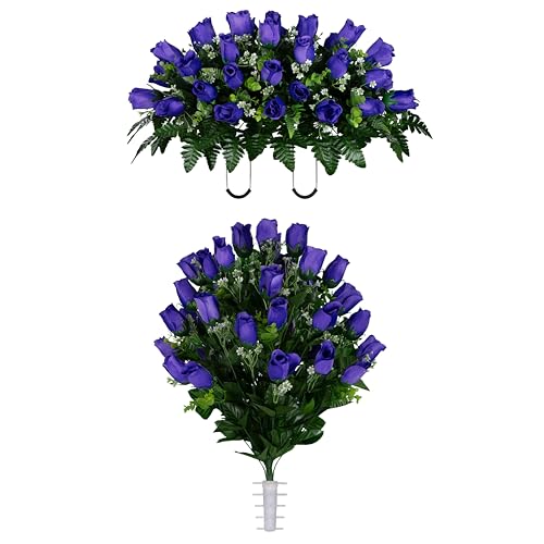 Sympathy Silks Artificial Cemetery Flowers - Gravesite Flowers - Purple Roses - (1) Headstone Flower Saddle & (1) Matching Bouquet - color: Purple Roses, size: (1) Saddle (1) Bouquet