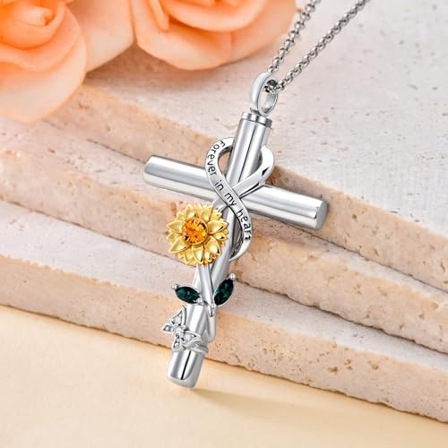 Cross Urn Necklace for Ashes 925 Sterling Silver Cremation Jewelry with Funnel Filler Kit Ashes Necklace for Human Women Girl Pets - color: B_Sunflower Urn Necklace, style: Personalized