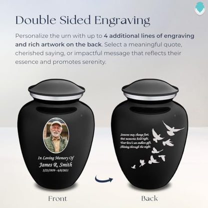 Geturns Embrace Adult Personalized Doves Cremation Urns for Human Ashes I Large Picture Black Funeral Urn for Adult Men and Women with Double Side Engraving I 200 lbs - color: _Black (Double Sided)
