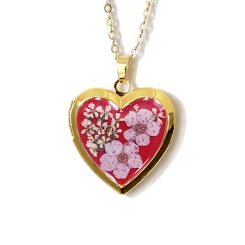 Handmade Heart Shaped Dried Pressed Forget Me Not Flower Photo Locket Pendant Necklace - color: Gold, style: Lavender On red purple