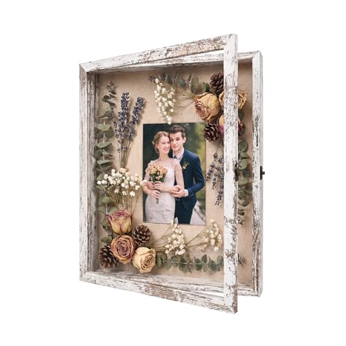 13×16 Shadow Box Frame, Linen Back, Glass Door, Hinge Display Case - color: Rustic White, size: 13×16