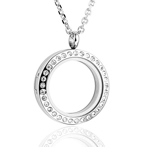Jovivi 25/30mm Living Floating Memory Locket Necklace - 316 Surgical Stainless Steel Round Crystals Buckle Closure - color: 25mm Locket
