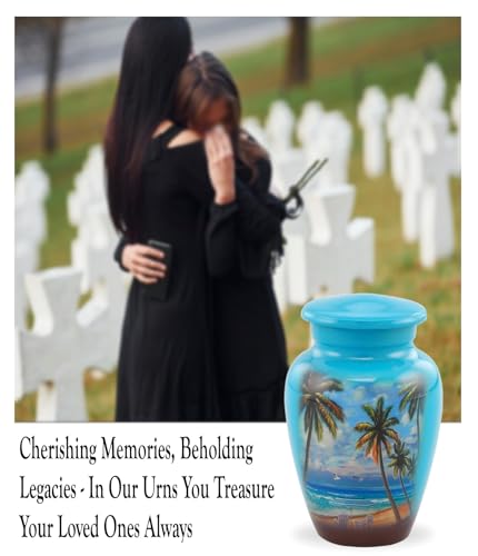 Paradise Beach Keepsake Urn - Hand Painted Miniature Palm Trees Urn with Premium Case & Bag - size: Miniature