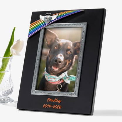 Personalized Rainbow Bridge Pet Memorial Picture Frame | 2-Line Custom Message, Holds 4x6 Photo, Paw Print Angel Wings, MDF Construction, Easel Back Stand