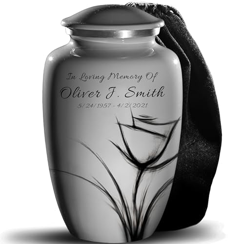 Grey Rose Cremation Urn – Personalized Funeral Tribute for Human Ashes, Name & Dates, Made in USA, Large Decorative Urn for Men & Women - color: Customized Gray, size: Large