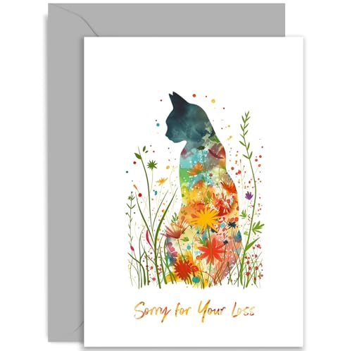 Flower Painting Cat Sorry for Your Loss Sympathy Cat Animal card - Pet Condolences Card - So Sorry Greeting Card - Thinking of You Gifts – Sorry Cat Bereavement Cards | Blank Inside